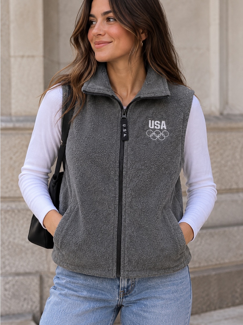 Vintage 90s Team USA Olympic Committee Gray Fleece Vest Made in USA L
